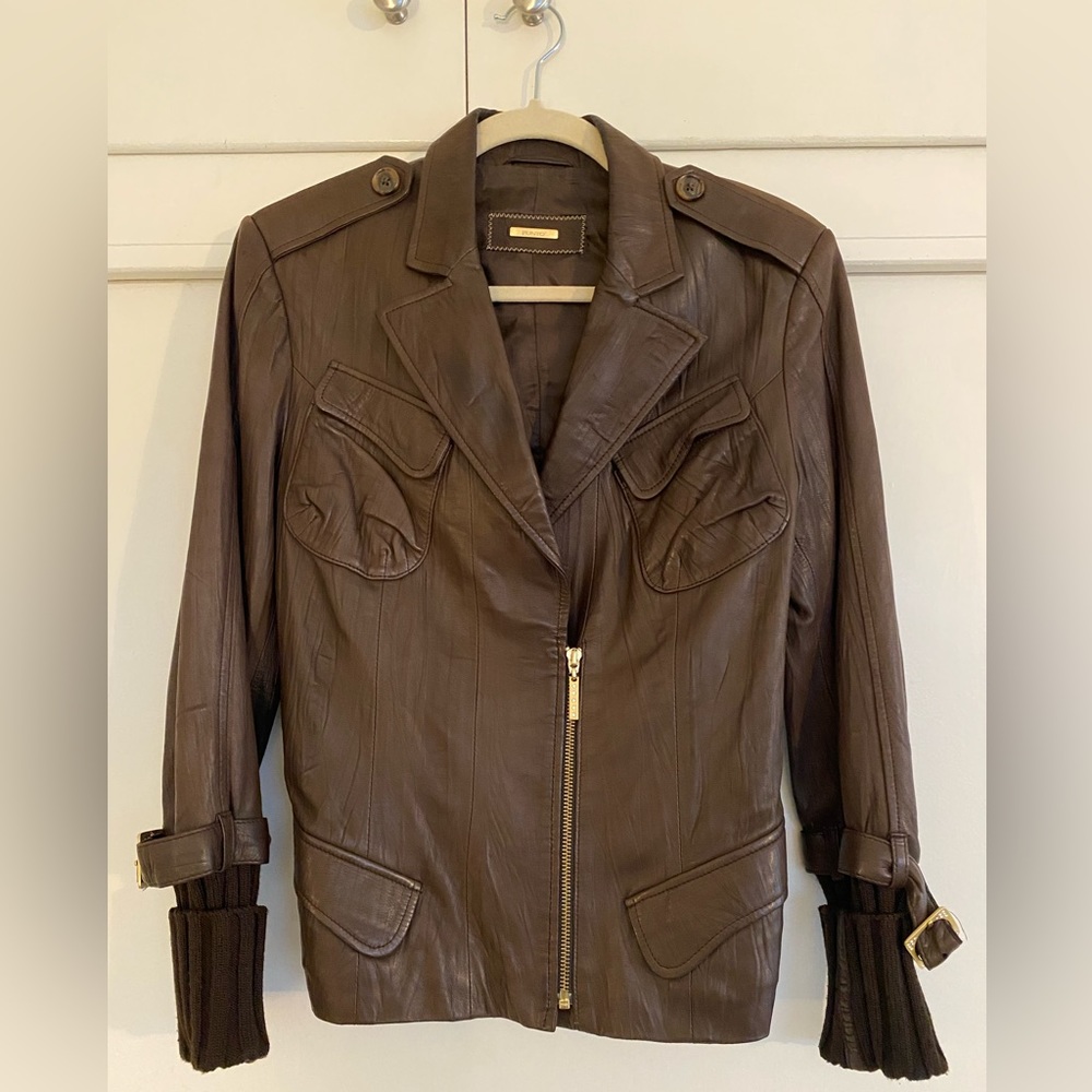 Real Leather Jacket, Half Zip, Knit Sleeves, Defined Waist, Spring/Fall, Vintage